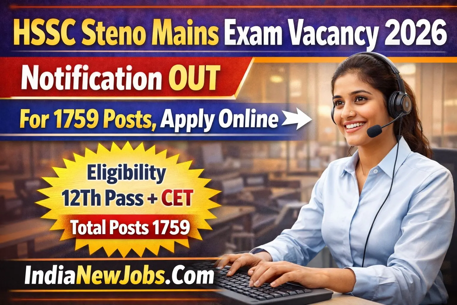 HSSC Steno Mains Exam Vacancy 2026 Notification OUT For 1759 Posts, Apply Online